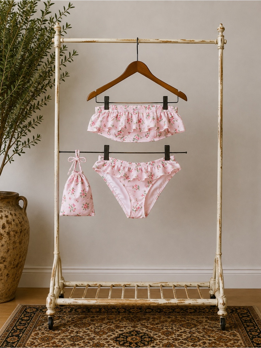 Pink Floral Ruffle Bikini Set with Drawstring Bag